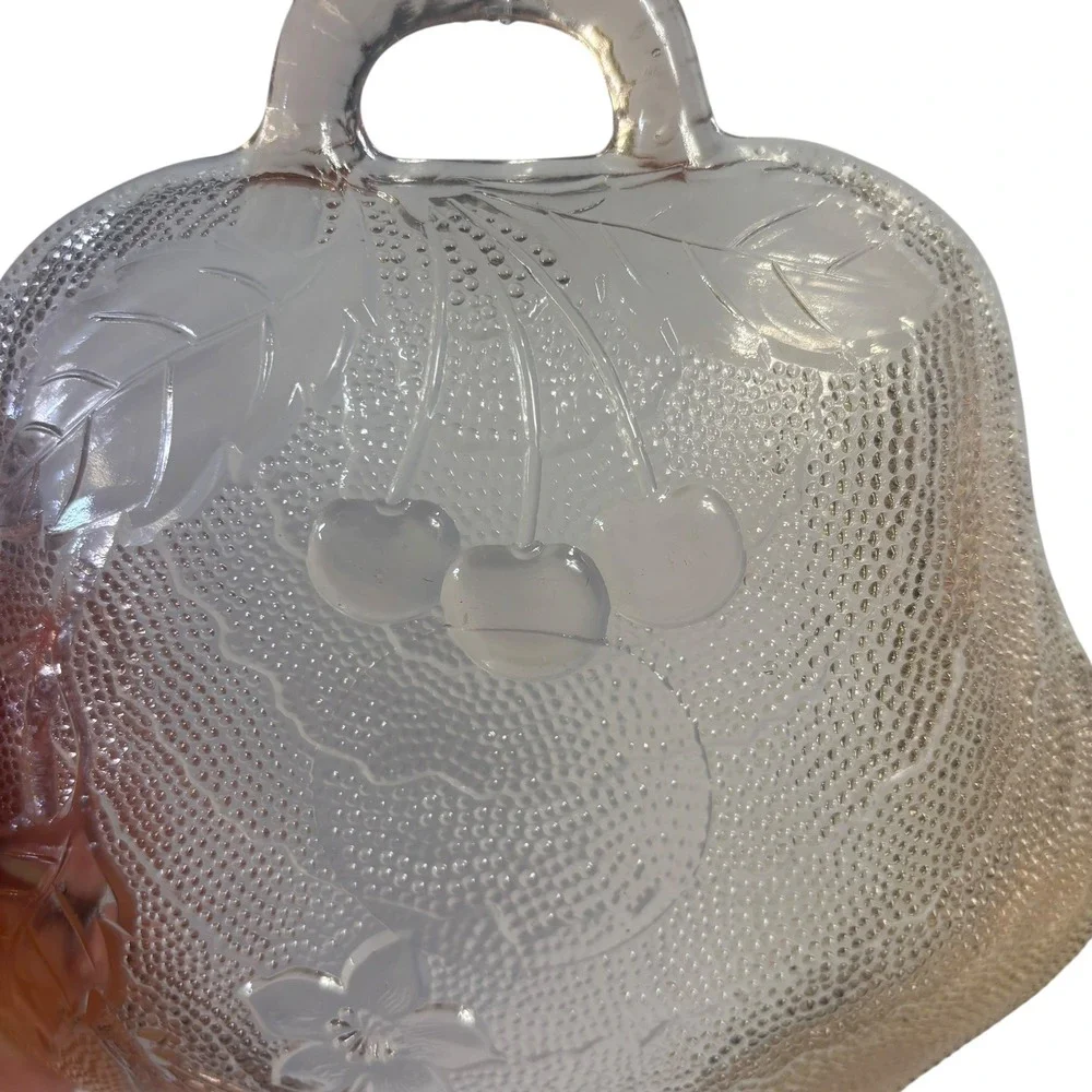 Vintage Pink Depression Glass Cherry Floral‎ Nappy Bowl Single Handle Candy Dish